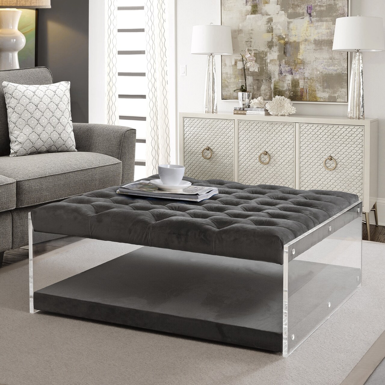 Fleur Linen/Velvet Button Tufted Clear Acrylic Side Cocktail Table Ottoman